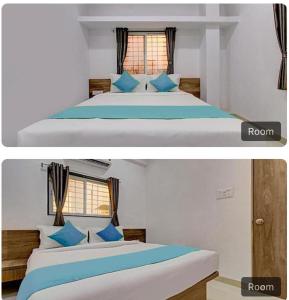 浦那Eon IT Park Corporate Hotel的卧室两张图片,卧室配有一张带蓝色枕头的床