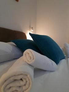 巴尼亚卢卡Hotel Wellness&Spa Astorya Banja Luka的床上的毛巾和蓝色枕头