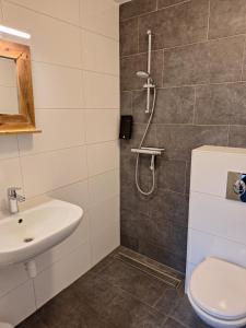 弗利辛恩Stad & Strandhotel Elisabeth的带淋浴、卫生间和盥洗盆的浴室