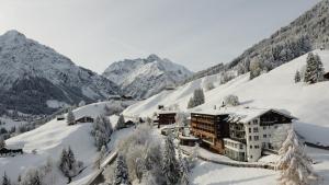 希洛谢克Familotel Alphotel的山中被雪覆盖的酒店