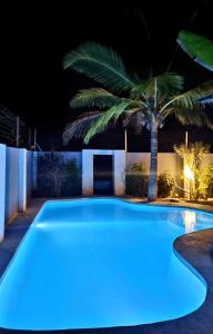 江比阿Villa Kikadini的棕榈树的游泳池在晚上点燃