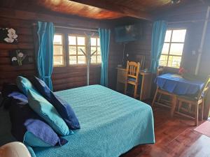 科蒂略La Maxada Luz Maria的一间卧室配有一张带蓝色床单的床和一张桌子。