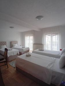 斯特鲁加Hotel Montenegro的一间带三张床和两扇窗户的卧室