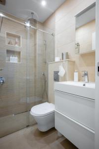 索非亚Modern 2BD Flat with Prime Location and Workspace的浴室配有卫生间、盥洗盆和淋浴。