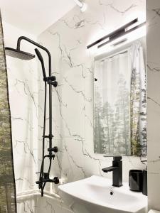 沃伊内亚萨Apartament - Voineasa的一间带水槽和镜子的浴室