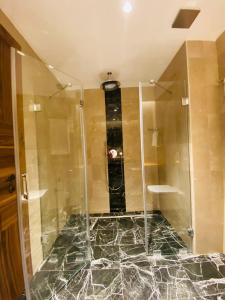 Askireg Hotel的浴室里设有玻璃门淋浴