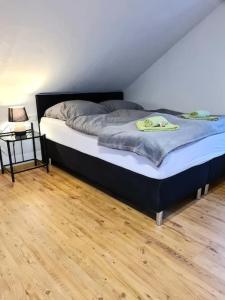 索恩堡Apartment, Boxspringbett, ruhige Lage, Kassel Nähe的木地板客房的一张床位