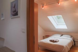 KembsL'Observatoire, havre de paix的一间卧室配有一张带天窗和窗户的床。