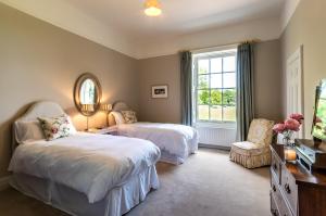 班敦Luxury country mansion in West Cork的一间卧室设有两张床、一把椅子和一个窗户。