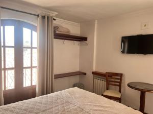 波托西VIRREYES HOTEL的一间卧室设有一张床、一台电视和一个窗口。