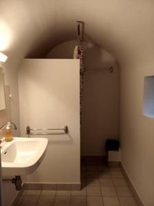 ViviersMaison familiale du Clos Saint Roch的一间带水槽、卫生间和镜子的浴室