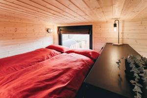 勒鲍Idyllisches Tiny House III mit Sauna的小木屋内的一个床位