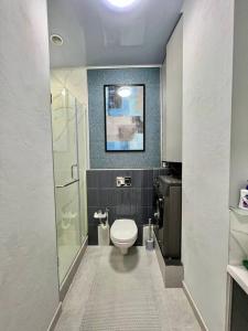 阿拉木图Lamiya: Best location in Almaty的一间带卫生间和玻璃淋浴间的浴室