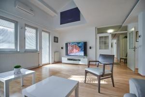 卢布尔雅那Matic Spacious Modern Apartment的客厅配有椅子和墙上的电视