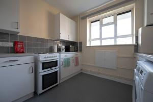 伦敦Stunning apartment in Dulwich的厨房配有白色家电和窗户