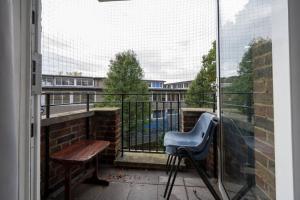 伦敦Stunning apartment in Dulwich的阳台配有蓝色椅子和木桌