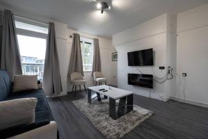 伦敦Stunning apartment in Dulwich的带沙发、桌子和电视的客厅
