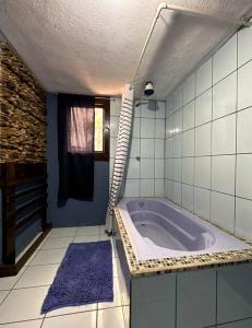 克萨尔特南戈Casa Espaciosa的带浴缸和紫色地毯的浴室