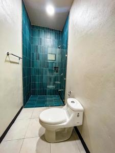 Quebrada GanadoSelva Pacific Mountain Beach retreat的浴室配有卫生间和蓝色瓷砖淋浴。