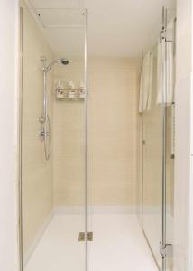 马德里Luxury duplex close to Gran Via Colon的浴室里设有玻璃门淋浴