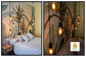 曼萨纳雷斯Casa Rístori Mirador的卧室两张照片,配有一张床和灯光