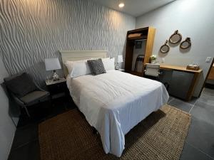 BonitoVillas Quijote Valle de Guadalupe的卧室配有一张白色大床和一把椅子