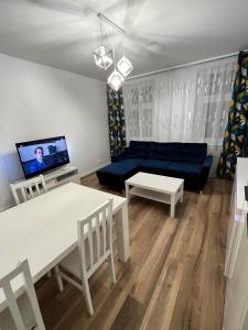 什切青Luksusowy Apartament przy dworcu的客厅配有蓝色的沙发和电视