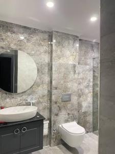 贝莱克Villa Blue - New Luxury Villa的一间带水槽、卫生间和镜子的浴室