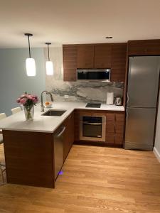 布鲁克林Cozy Garden Apt in Williamsburg NYC Townhouse的厨房配有木制橱柜和不锈钢用具