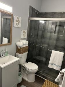 萨凡纳Favored Stay的带淋浴、卫生间和盥洗盆的浴室