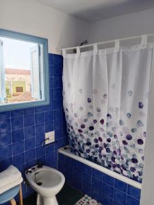 ChíoCasa Rural Merche的带淋浴帘和卫生间的浴室