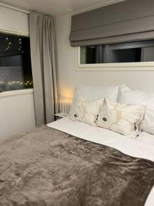 罗瓦涅米Arctic Circle Guesthouse的卧室配有带白色枕头的床和窗户。
