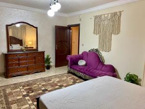 开罗Cozy 3BR Apartment in Maadi的一间卧室配有紫色沙发和镜子