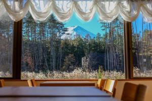 富士河口湖Fujinomori Hotel的客房透过窗户可欣赏到山景