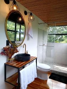 约帕尔Tree House Glamping的一间带水槽、卫生间和镜子的浴室