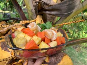 Caluco塞莫天堂度假屋的把一碗水果和蔬菜放在一边的人