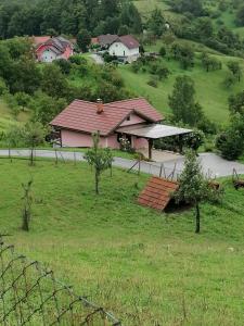 博德森特克Hiška na gorci的田野上红色屋顶的房子