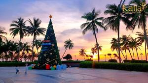 富国Kalia Hotel的棕榈树广场上的圣诞树
