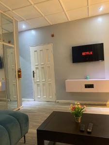 拉各斯Teal Snug Open-Plan Studio Unit in Lekki Phase 1-Netflix, Wi-Fi, 24-7 Light, Washer, Kitchen的客厅配有沙发和墙上的电视