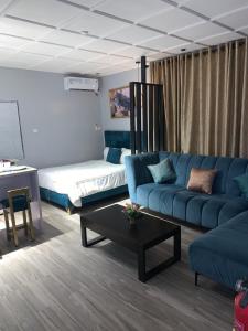 拉各斯Teal Snug Open-Plan Studio Unit in Lekki Phase 1-Netflix, Wi-Fi, 24-7 Light, Washer, Kitchen的客厅配有蓝色的沙发和床。