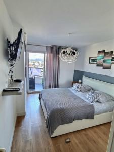 马赛Appartement T2 Prado Chanot Plage Marseille的一间卧室设有一张床、一个窗户和一个吊灯。
