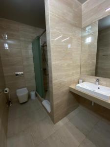 波尔塔瓦Status Hotel的一间带水槽、淋浴和卫生间的浴室