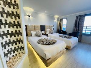 卢克索Luis Luxor Nile Cruise的一间卧室设有两张床和大窗户