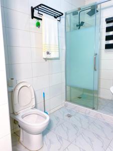 阿布贾D & D Apartments的一间带卫生间和玻璃淋浴间的浴室