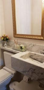 格拉玛多Ednamar Apartmentos Gramado Siena的一间带水槽、卫生间和镜子的浴室