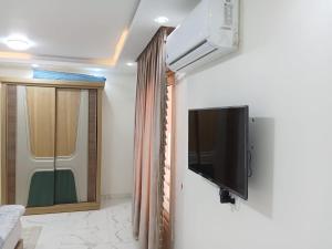 开罗The perfect stay in Cairo al muhandesin Nile luxury apartment的客厅设有壁挂式平面电视。