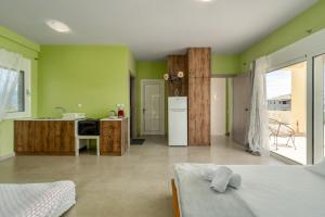 美西尼Piperitsa house for nomads or families in the countryside的一间带绿色墙壁的客厅和厨房