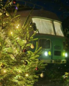 盖贝莱Pavlove Tiny Bus House in Qabala的带有火车背景的圣诞树
