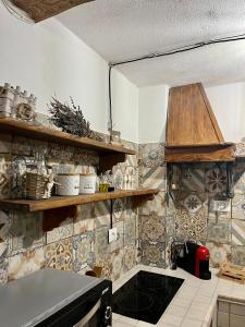 罗卡迪梅佐Baita delle Rocche的厨房配有炉灶,墙上铺有一些瓷砖。