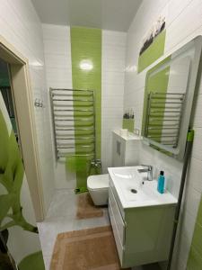 哈尔科夫Днестровский的一间带水槽、卫生间和镜子的浴室
